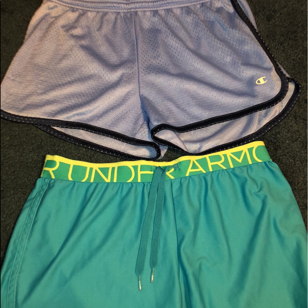 Champion and Under Armour shorts.